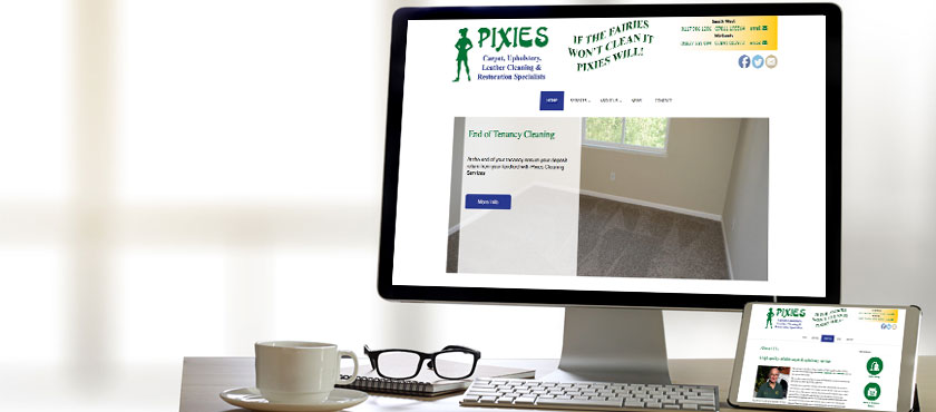 Computer screen mock-up displaying Pixies website